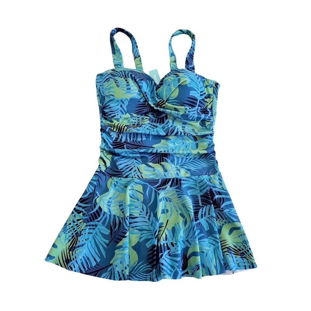 Aqua‎ Eve Womens Tropical Palm Leaf Ruched One Piece Swimdress Blue Green Size M